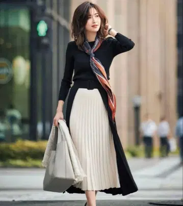 프레이 아이디 플리츠 리브 니트 원피스 블랙