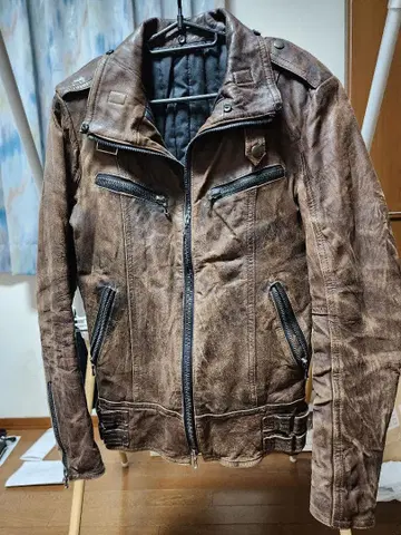 SHELLAC 브라운 가죽 싱글 라이더 자켓 44