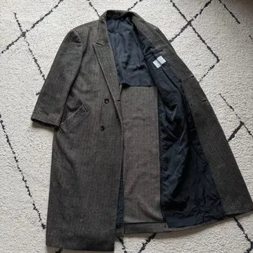 최고급 캐시미어 혼방 더블 체스터 코트 맥시 길이 헤링본 그레이 XL