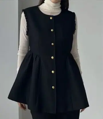 Louere 골드 버튼 페플럼 프린지 베스트 S 블랙