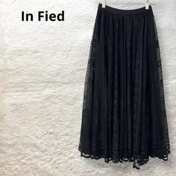 In Fied 롱 스커트 자수 꽃무늬 레이스 플레어 블랙 F