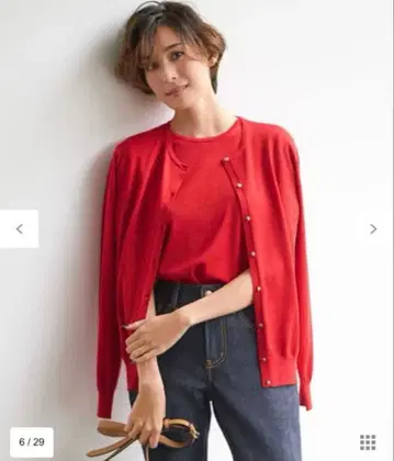 23구 새상품 지속가능성 울 가디건 & 반팔 니트 앙상블 레드