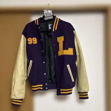 바시티 자켓 보라색/크림 가죽 소매 L