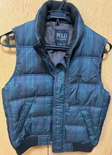 POLO 후드 부착 블랙워치 패턴 다운 베스트