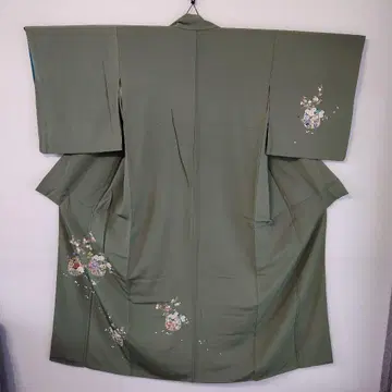 순수 실크 호몬기 이중 기모노 기장 158cm 짙은 그린 컬러