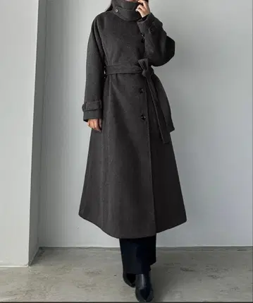 Louere 하이넥 울 라이크 허리 쉐이프 플레어 코트 M 다크 그레이