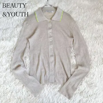 뷰티 앤 유스 카라 부착 니트 가디건 시어 바이컬러