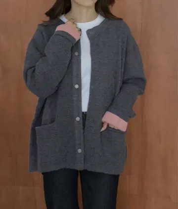 바이컬러 가디건 [ 차콜 핑크 ]