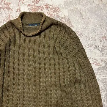 90s 린넨코튼 니트 스웨터 로우 게이지 카키 롤넥