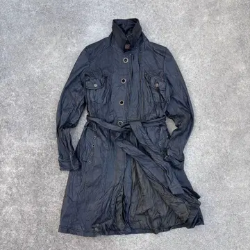 천연 가죽 롱 코트 벨트 포함 기믹 그런지 락 y2k V