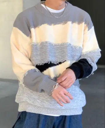 패치워크풍 프린지 니트 스웨터 L 사이즈