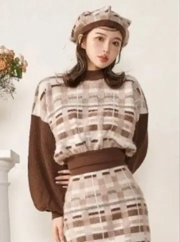 새상품급 다리치(Darich) 체크 무늬 긴팔 니트 브라운 귀여운