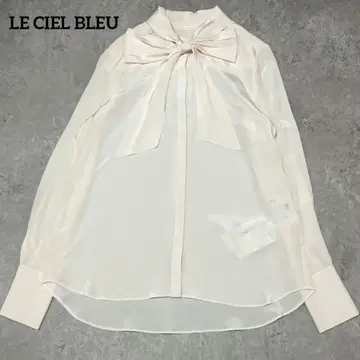 르쉘 블루 실크 100% 보타이 블라우스 베이지 드레이프감 택 포함