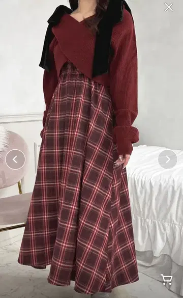 apres jour 어깨 리본 체크 원피스 빨간색