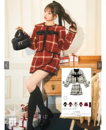 GRL 트위드 체크 무늬 리본 자켓 미니 스커트 셋업 gn556