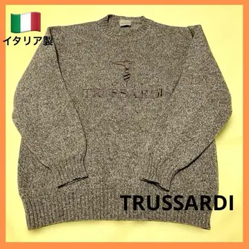 TRUSSARDI 로고 자수 니트 스웨터 멜란지 브라운 울 100%