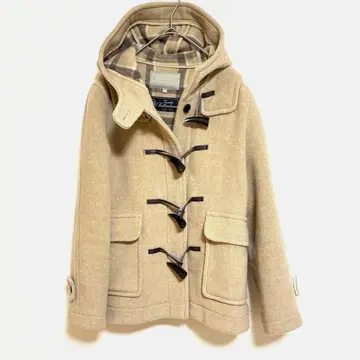 [ 유나이티드 애로우즈 ] 울 더플 코트 체크 무늬 후드 베이지 S