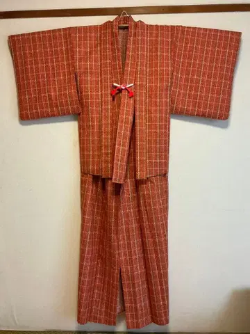 실크 울 오렌지 체크 무늬 앙상블 기모노 (중고품)