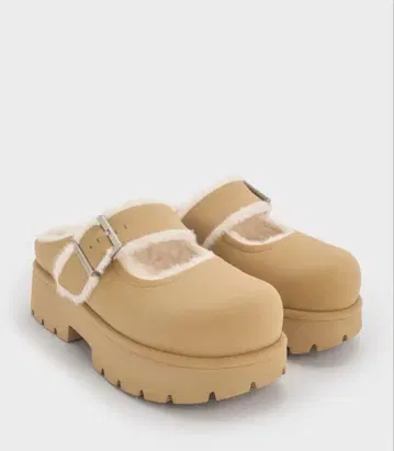 Bergen 겐 텍스처 퍼 트리밍 버클 플랫폼 뮬