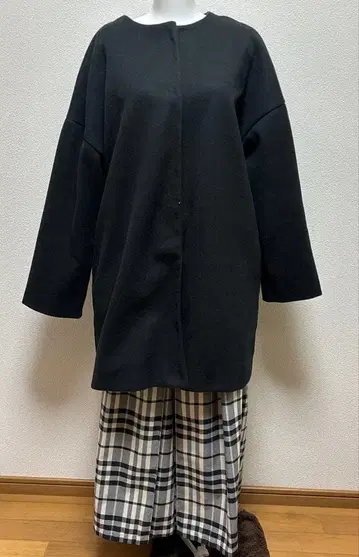 노카라 자켓 블랙 오버 사이즈와 체크 큐롯 세트