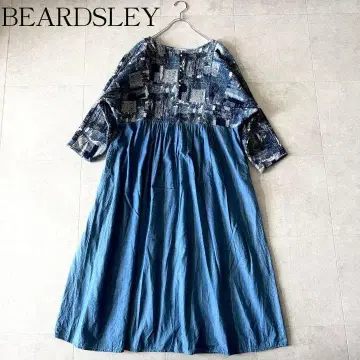 컨디션 최상 비어즐리 자카드 개더 데님 원피스 프리 블루 계열