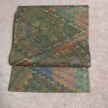 양면 후쿠로 오비 기하학 패턴 그린 오렌지 브라운