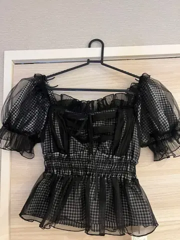 블랙 체크 프릴 반팔 셔츠 M