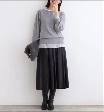 INDIVI [세탁 가능/스팽글] 퍼프 슬리브 풀오버 니트 그레이F