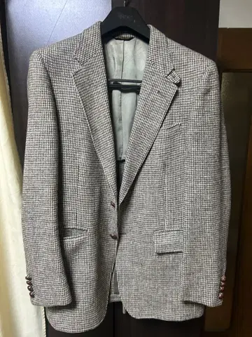 해리스 트위드 테일러드 자켓 그레이 계열 체크 무늬