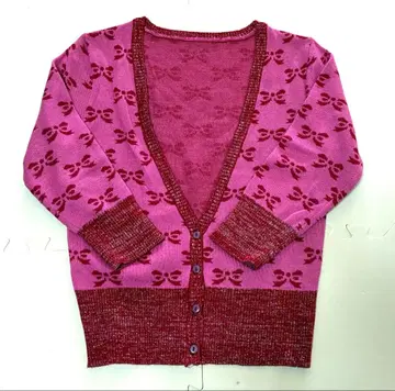 리본 무늬, 핑크, 니트 가디건, 긴팔