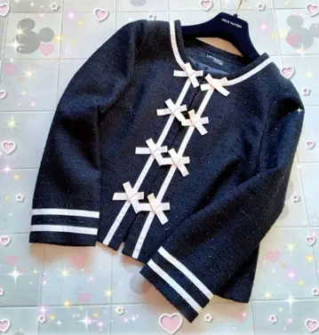 유니버설 뮤즈 그로그랭 리본 노카라 트위드 자켓