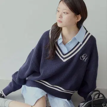 chico 라인 V 루즈 니트 네이비