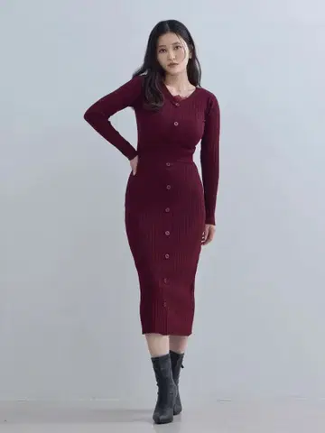 overE 오버이 타이트풍 와이드 리브 니트 원피스 버건디