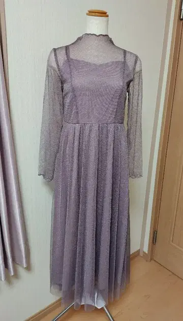 라메 튤 메로우 원피스 퍼플 메쉬 긴팔 드레스