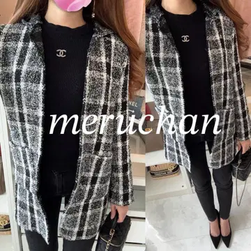 ellerie 체크 무늬 트위드 니트 가디건 후드 니트 자켓