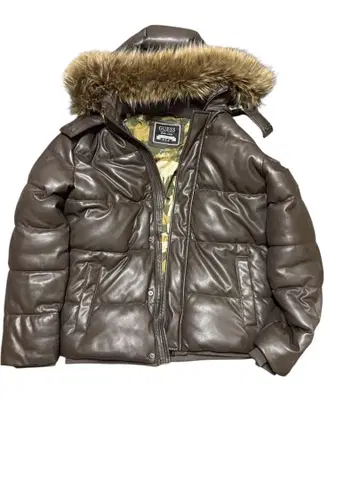 GUESS 브라운 다운 자켓 퍼 포함