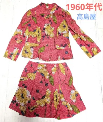 쇼와 레트로 꽃무늬 핑크 자켓 & 스커트 셋업 1970년대 타카시마야