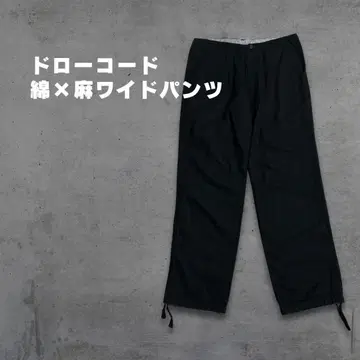 와이드 팬츠 드로 코드 남성용 블랙 스트라이프 면린넨 루즈핏