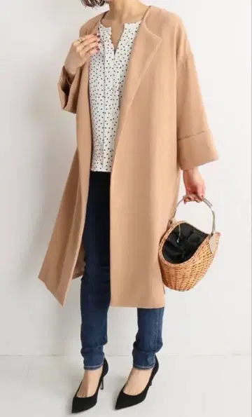 NOBLE 더블 페이스 가운 코트 9부 소매 핑크 베이지 40