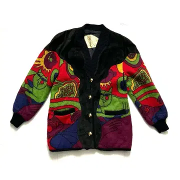 90s 빈티지 스페인산 TORRAS 피카소 패턴 니트 절개 가죽 자켓