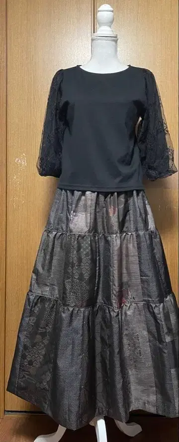 기모노 리메이크 브라운 계열 오시마 패치워크 캉캉 스커트 프리 사이즈