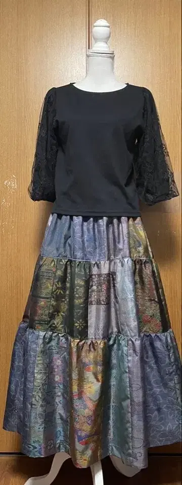 기모노 리메이크 컬러풀 오시마 패치워크 캉캉 스커트 프리 사이즈