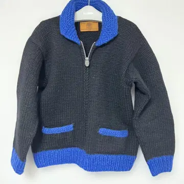 [ 캐나다제 ] 90s 캐나디안 스웨터 카우친 집업 파랑 블랙 L 사이즈