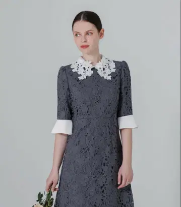 LEJA 꽃무늬 레이스 칼라 스팽글 자수 A라인 플레어 드레스 원피스