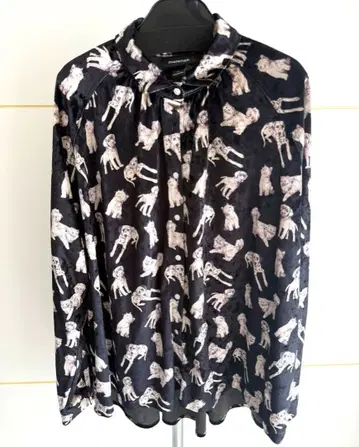 melange 메주 개와 고양이 프린트 벨로아 긴팔 셔츠