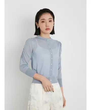 라이트 블루 긴팔 셔링 슬리브 시어 가디건