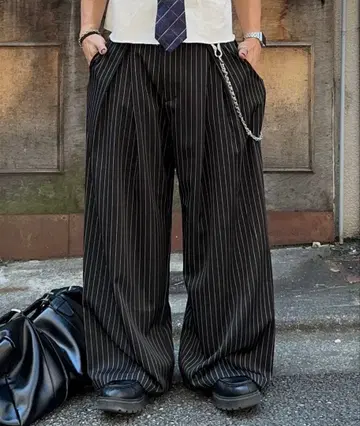 MandO 크로스 턱 배기 와이드 슬랙스 / 스트라이프 & 무지