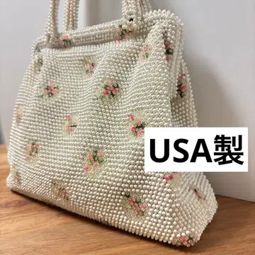 새상품급 빈티지 레트로 비즈 백 플라워 화이트 미국제