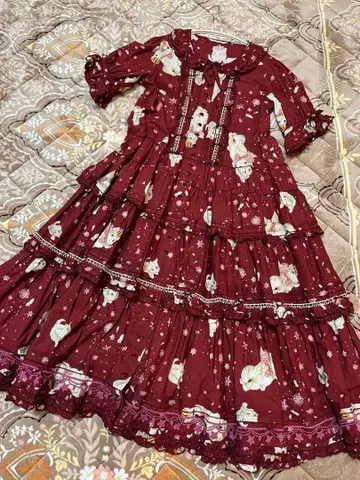 핑크하우스 고양이 패턴 롱 원피스 스노우 페어리 테일 패턴 크리스마스 눈