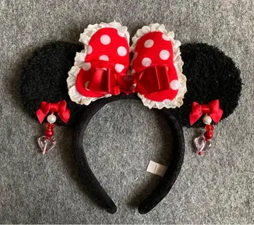 디즈니 머리띠 귀찌 빨간색 리본 미니 페어 도트 레이스